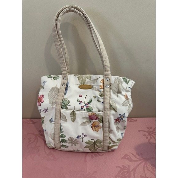 Longaberger Floral Canvas Tote Bag Purse Handbag Neutral Colors EUC - Picture 4 of 6